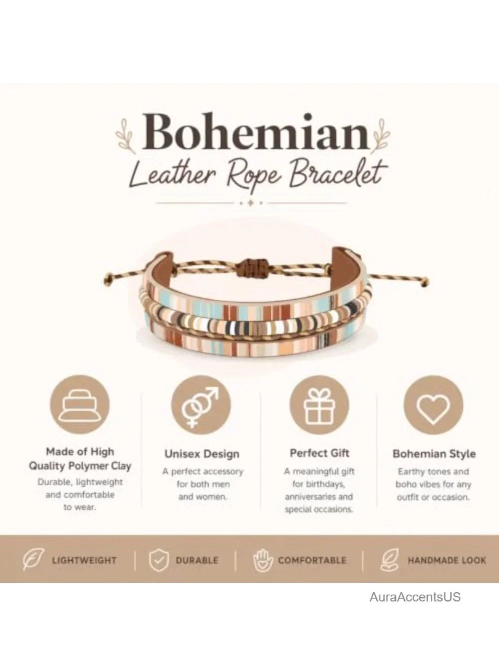 Boho Faux Leather Wrap Bracelet Stackable Clay Bead Jewelry